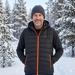 Ein Mann mittleren Alters geht im Schnee mit einer beheizten Weste von SAVIOR