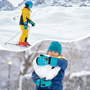 Ein Kind fährt mit beheizbaren Fäustlingen Ski