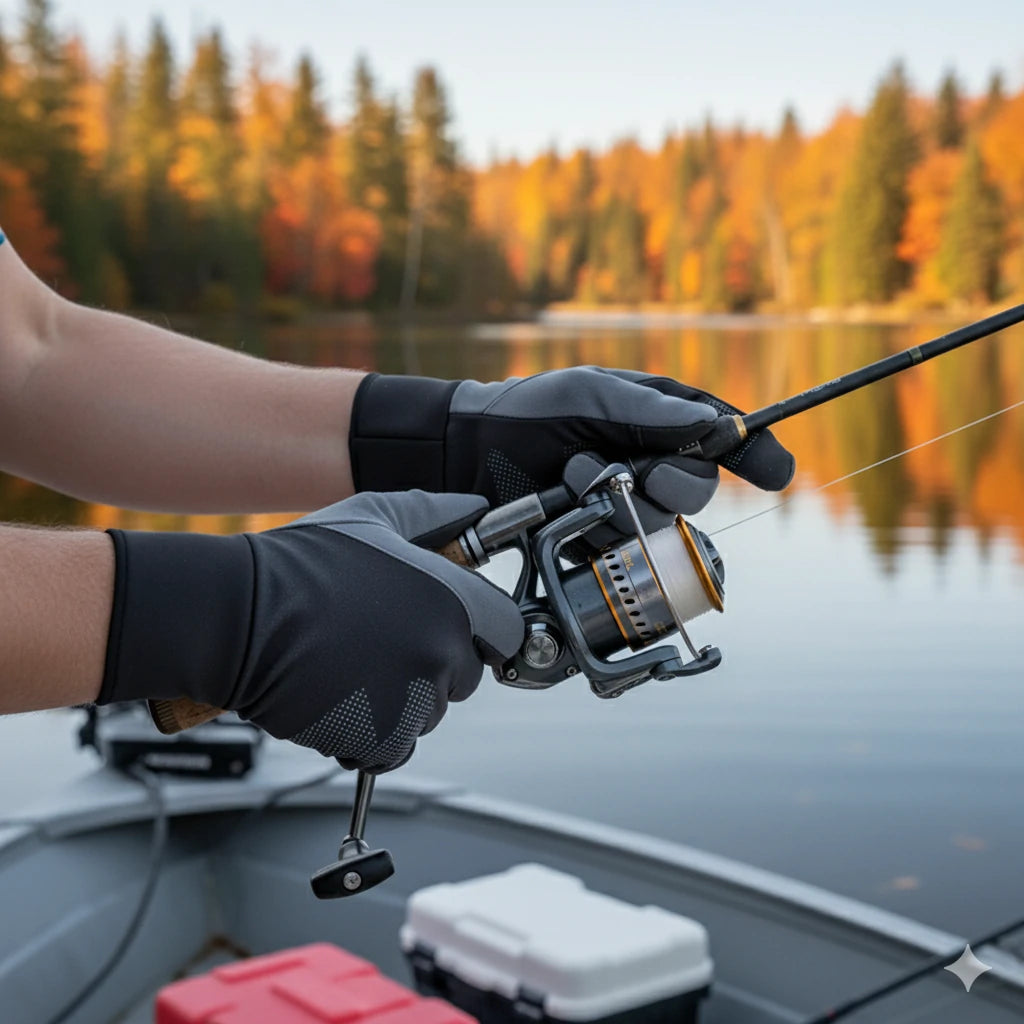 Ein Mann trägt OZERO Windschutz Winter Angelhandschuhe beim Angeln