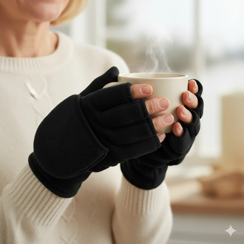 Eine Frau trinkt Tee und trägt dabei fingerlose Wollhandschuhe von OZERO