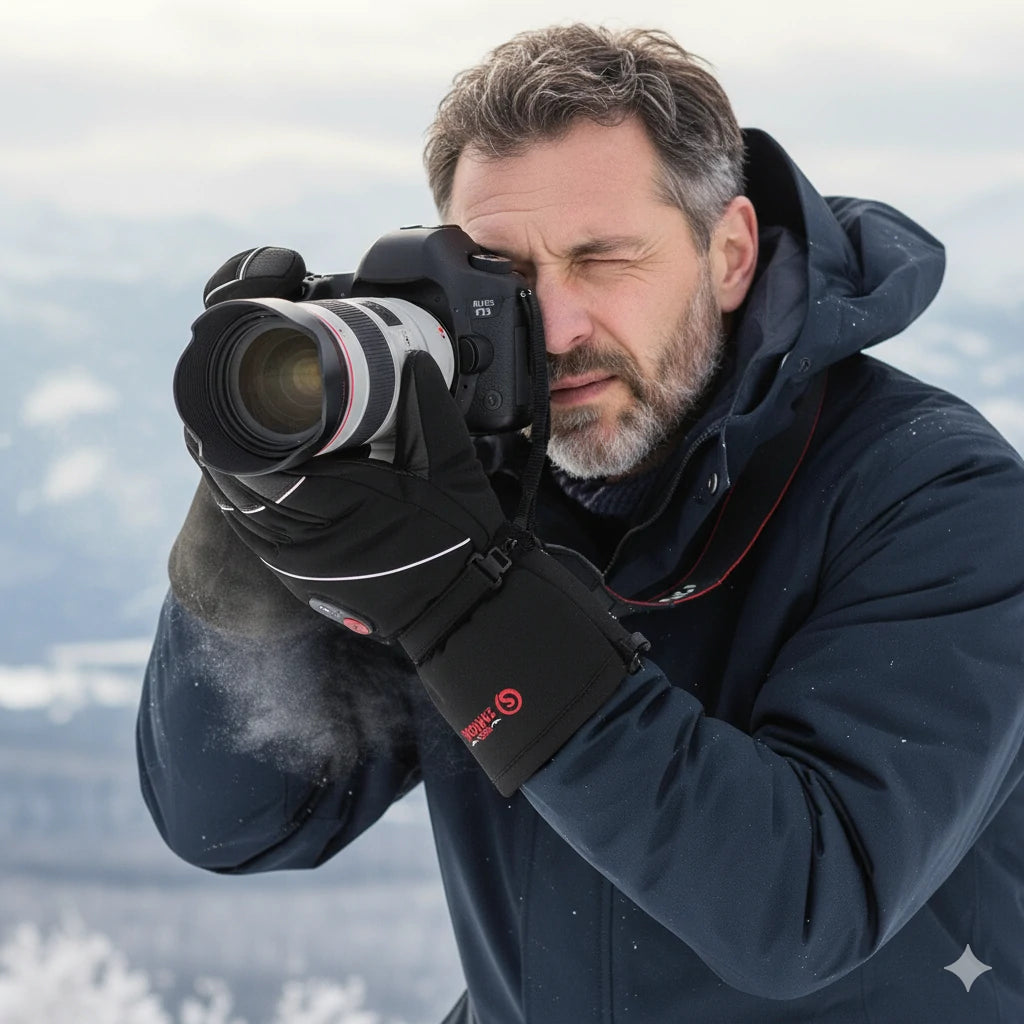 Savior Dicke Beheizte Lederhandschuhe Schnee fotografieren