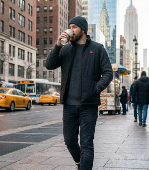 Ein Mann mittleren Alters, der eine beheizbare Weste der Marke Savior trägt, geht die Straße entlang und trinkt dabei Kaffee