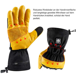 Die Handflächen der beheizbaren Arbeitshandschuhe sind mit einer zusätzlichen Schicht aus strapazierfähigem Rindsleder versehen